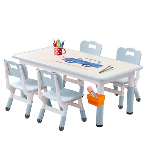 HAPPYMATY Kids Table and Chair Set, Toddler Table and Chair Set, Non-Slip Table Legs&Organizer, Height Adjustable, Graffiti Desktop, Suitable for Kids Table and Chairs Ages 3-12