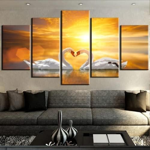 Paintings Printed On Canvas - 5 Pieces Canvas Paintings - Decorative Wall Art Murals - 5 Pieces Paintings Couple Swans M/Without Frame 100 X 50 Cm For Living Room Office Bedroom Hotel Restaurant Ph