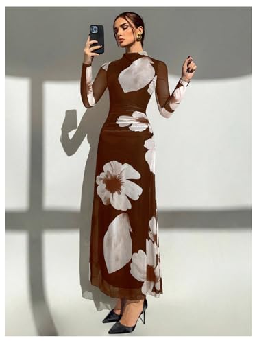 Image of Verdusa Women's Floral Wedding Guest Dress Long Sleeve Mesh Slimming Cocktail Vacation Maxi Dresses