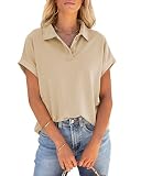 Tankaneo Womens Short Sleeve Polo Shirts Casual Collared Summer Golf Tops Elegant Button V Neck Offi
