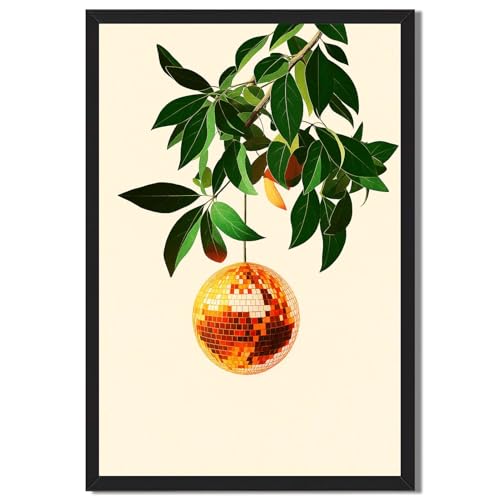 Framed Disco Ball Hanging from Tree Poster Canvas Print Art