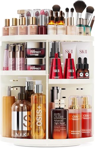 Auxmir Organisateur Maquillage Rotatif 360°, Rangement Maquillage 9 Niveaux Réglables, Organisateur Coiffeuse Grande Capacité Multifonctionnel pour Produit Cosmétiques Skincare Parfum, Blanc