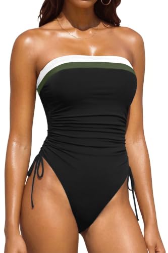 Image of Yonique Women Strapless One Piece Swimsuit Tummy Control Bandeau Bathing Suit Cheeky Swimwear