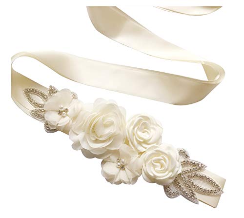 Sash Belt with Flowers Pearls Rhinestone for Wedding Bride/Baby Shower Dress,Ivory