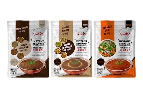Swak! The Tasty Pack Maharashtra Special Combo Pack Kolhapuri Misal Gravy, Malvani Special Gravy, Marathwada Special Gravy Instant Multipurpose Gravy Mix 450 Gms 3 Packs Ready To Cook Masala