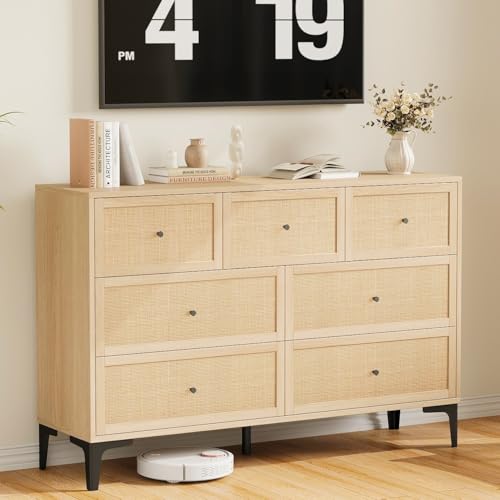 Boho Rattan 7-Drawer Dresser for Bedroom and Hallway Storage