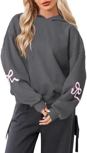 Livtany Women's Bow Trim Print Fleeced Hoodies Oversized Long Sle...