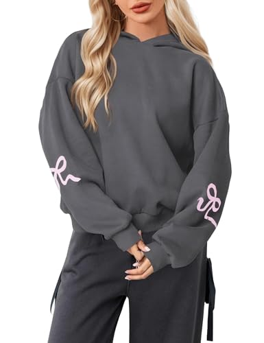 Livtany Womens Bow Trim Print Fleeced Hoodies Oversized Long Sleeve Hooded Sweatshirts Graphic Drop Shoulder Pullover Top Dark Grey