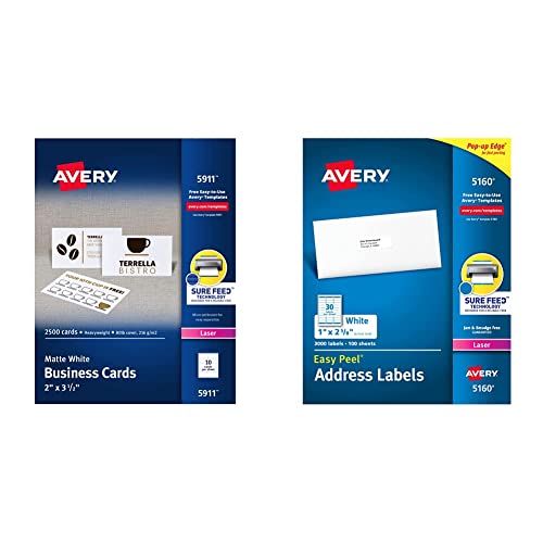 Avery Printable Business Cards, Laser Printers, 2,500 Cards, 2 x 3.5 (5911), White & 5160 Easy Peel Address Labels, White, 1 x 2-5/8 Inch, 3,000 Count (Pack of 1)