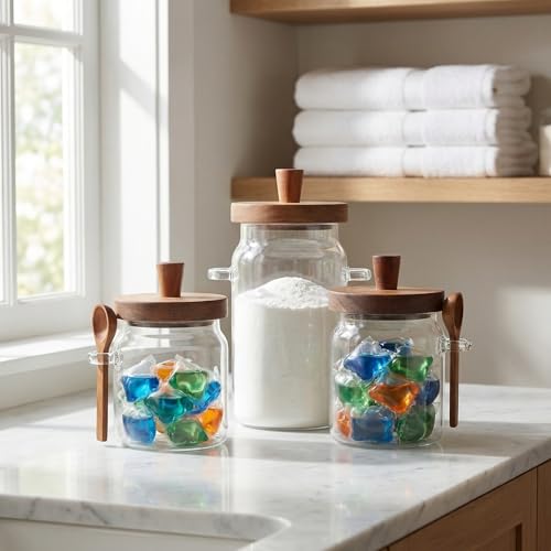 Recipientes de vidrio para detergente en polvo con tapa de madera botes de lavandería 400-900ml 7