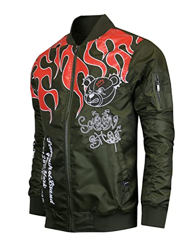 Image of SCREENSHOT Hip-Hop Urban NYC Fashion Bomber Jacket - Modern Outdoor Lightweight Streetwear Graffiti Print Zip Up Top (Large, S51114-Olive)
