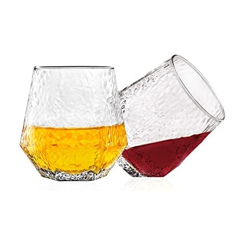 Diamond Glasses - Stemless Wine Glass Set of 2 - Geometric Tilting Design - Rolling Whiskey Glasses - Stem Less Anti Rocking Cup Diamonds Shaped - Tilted Glassware Drinking Tumblers for Wiskey/Wine Cover