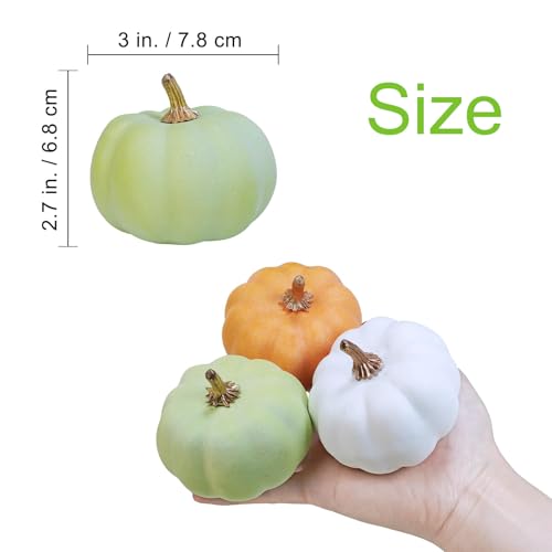 12 Stück Halloween-Simulationskürbis, Mini Weiß Grün Orange Kürbisse Zierkürbisse Herbstdeko, Künstliche Mini Kürbis, Dekokürbisse für Halloweendeko und Herbstdeko, Thanksgiving Tisch Dekorieren