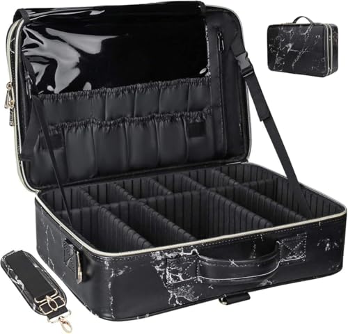 Image of SHAMAX Extra Large Professional Makeup Organizer for Makeup Artists, Cosmetic Vanity Bag, Adjustable Dividers, Travel Makeup Bag for MUA, Nail Artists, MUA(Black Marble) (41x29x12 cm)