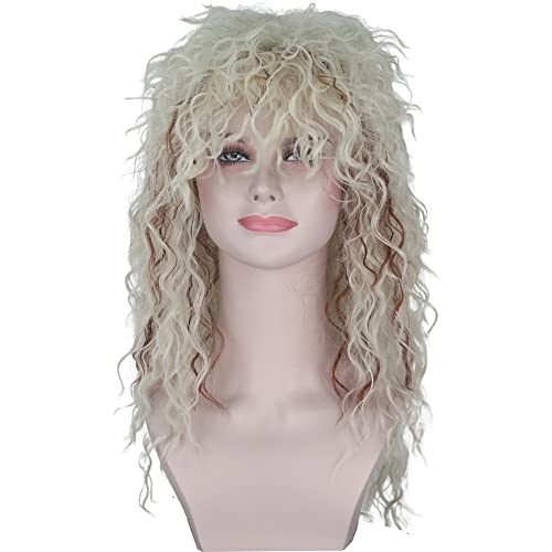 Yan Dream 70s 80s Curly Wig Blonde and Brown Heavy Metal Rocker Punk Wig Disco Party Glam Rocker Wig Halloween Cosplay Wig