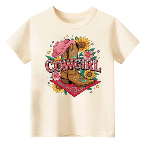 Toddler Baby Girls Clothes Short Sleeve Western Cowgirl T-Shirt Top(Beige Cowgirl Boots,7-8T
