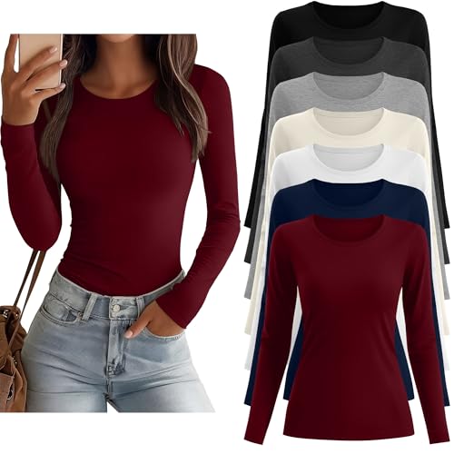 7 Pcs Women's Long Sleeve Tops Crew Neck Slim Fit Cotton Shirts B...