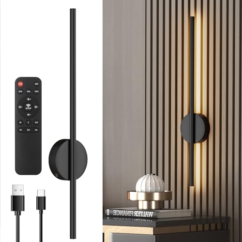 Aipsun Lampada da parete a batteria con telecomando interno, lampada da soggiorno 10000mAh 60CM Nero 5W con funzioni di regolazione e temporizzazione, 3000K-6000K, per soggiorno, camera da letto