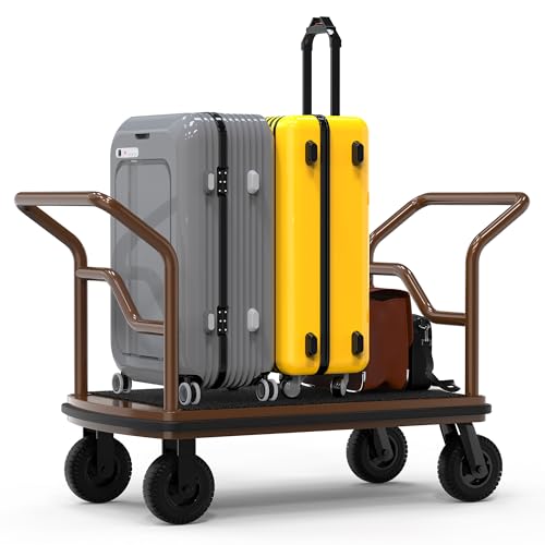 Hotel Luggage Cart,600 lbs Bellman Trolley, 47"x25"x77" Brushed Stainless Steel, 8" Silent Rubber Pneumatic Wheels, Nylon Carpet Deck Bumper Rails – for Hotels, Resorts & Condos (Hand Push)