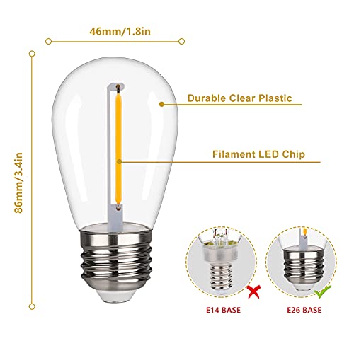 Shatterproof & Waterproof S14 Led String Light Bulbs Replacement,Cri>90, Warm White 2200K,1W Equivalent To 10W, 70Lm E26 Base,Suitable For Commercial Outdoor Patio Garden Vintage Lights. (15Pack) #TOP1
