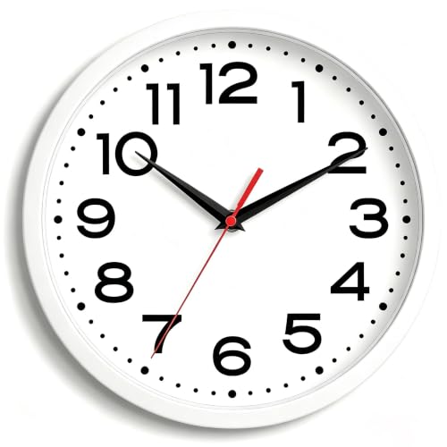Image of Roymnie 10 Inch Wall Clock, Battery Operated Silent Non Ticking White | analog wall clock; bold numerals for easy reading; silent non-ticking; 1 AA battery (not included); for classroom