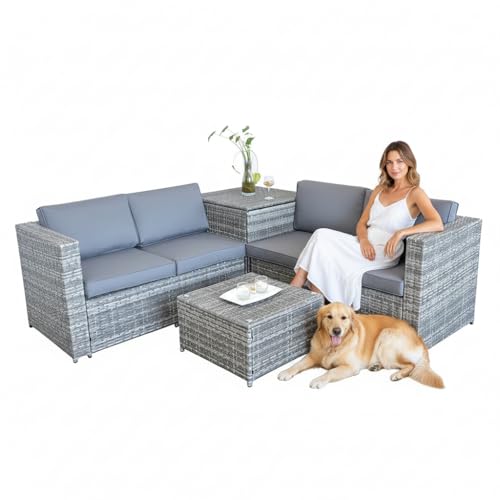 Mucola Polyrattan Lounge Set mit Kissenbox – Gartenlounge XXL, wetterfest & UV-beständig, inkl. Tisch mit ESG-Glasplatte, modulare Outdoor Sitzgruppe für Garten, Terrasse & Balkon, Grau