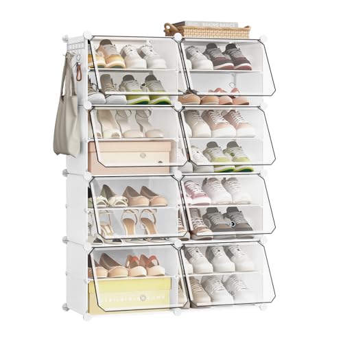 WOLTU Schuhregal, Schuhschrank mit 8 Fächern, Platzsparend, Mit Haken, Schuhablage Kunststoff, für Flur Schlafzimmer Eingang, Schuhaufbewahrung für 32 Paar Schuhe,Bis Größe 44, Weiß