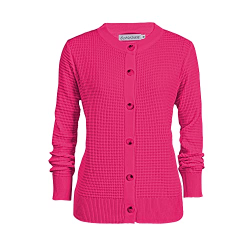 Image of Women's Crew Neck Button Down Long Sleeve Solid Knit Classic Cardigan Sweater Rose Red