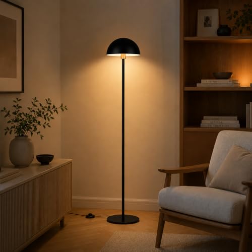 Image of Modern Floor Lamp for Living Room | Matte Black Standing Lamp with Dome Metal Shade | Minimalist Ambient Corner Light for Bedroom, Reading & Home Decor