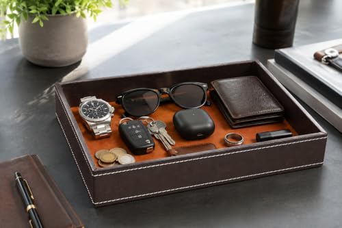 Image of Primuim Leather Desk Organiser Tray Faux Leather, 10 x 08 x 1.5 inch, Decorative Stitching Detail, Modern Professional Faux Rectangular Leather Serving Tray.Brown Color