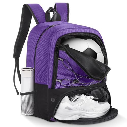 MoKo Mochila Bolsa de Fútbol, Mochila de Baloncesto para Hombres y Mujeres con Compartimentos Separados para Balón y Zapatillas, Bolsa de Equipamiento Deportivo para Ropa, Tablets, Portátiles, Morado