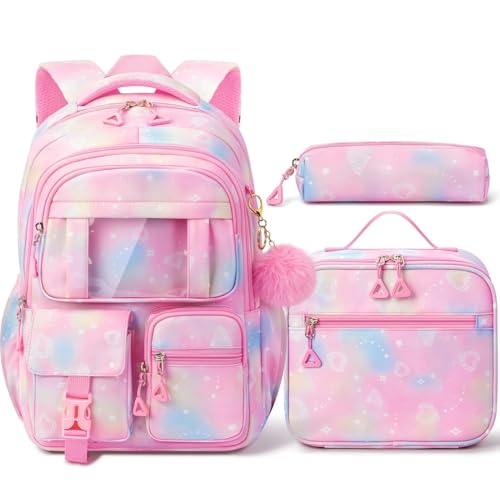 Image of Fimibuke Kids Backpack for School Girls, Waterproof Backpack w /Lunch Box | 3Pcs Lightweight Girls Pink Bookbag w / Lunch box & Pencil Pouch Combo, Cute Bag for Ages 6+ Elementary Middle School Teens