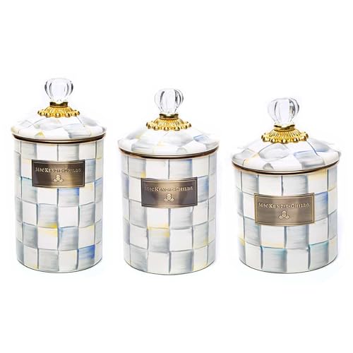 MACKENZIE-CHILDS Enamel Canister Set, Small (38 oz.), Medium (48 oz.), and Large (64 oz.) Kitchen Containers, Gray-and-White Sterling Check