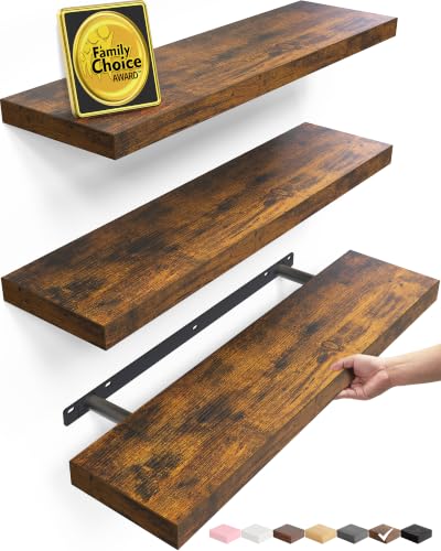 BAYKA Rustic Brown Floating Shelves 22.5in, 3 Pack, Wall Mount Wood Shelf
