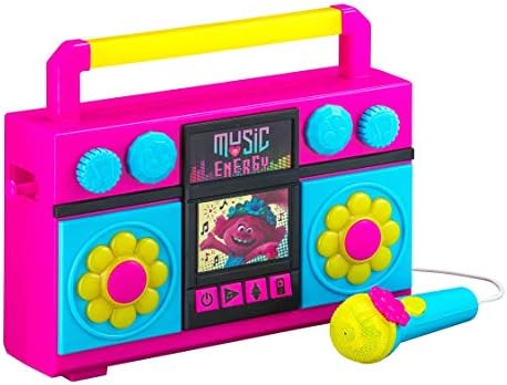 ekids Trolls World Tour Sing Along Boom Box Speaker with Microphone for Fans of Trolls Toys for Girls, Kids Karaoke Machine with Built in Music and Flashing Lights