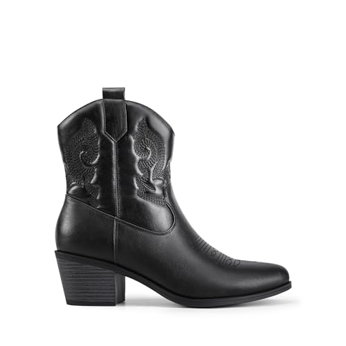 DREAM PAIRS Women's Western Cowboy Cowgirl Embroidered Ankle Boots Fashion Low chunky Heel Round Toe Fall Short Booties Shoes2