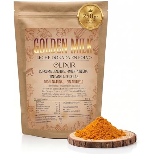 Olixir Leche Dorada Golden Milk - Blend Artesanal de Cúrcuma, Jengibre, Pimienta Negra, Canela de Ceilán - Cúrcuma Latte Tipo Chai Latte - Bebida Vegana en polvo - Sin Edulcorantes ni Aditivos - 250gr