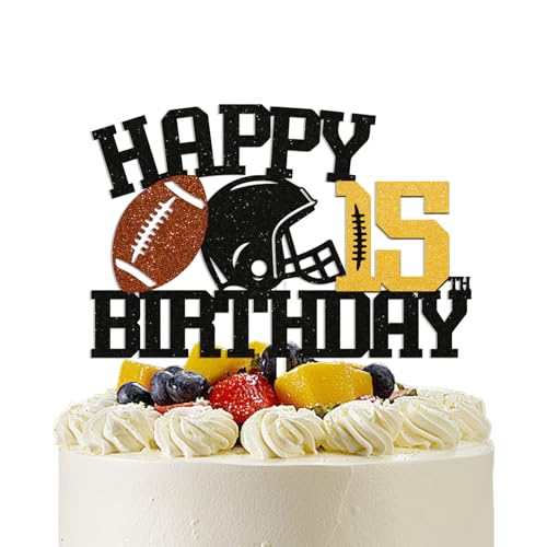 Voetbal Happy 15e Verjaardag Cake Topper - Voetbal Sport Thema Verjaardagsfeest Decoraties voor Jongens, 15 Jaar Oude Verjaardagsfeestartikelen Zwarte Glitter