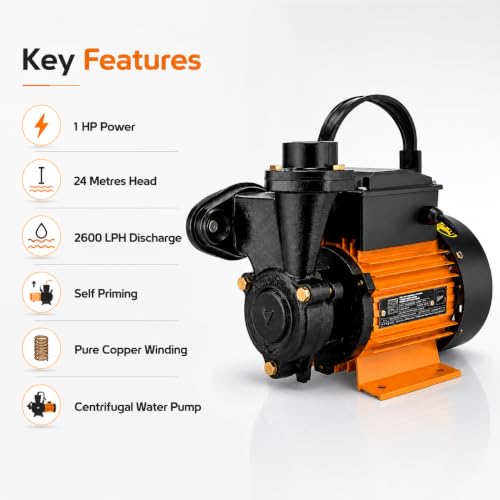 Image of Kirloskar Mini Anisa I Centrifugal Water Pump, 1 HP, 24 Metres Head, 2600 LPH Discharge Capacity, Self Priming, Pure Copper Winding