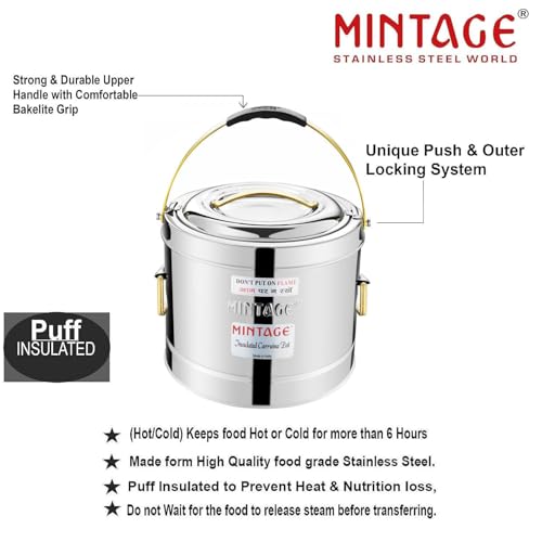 Image of Mintage Sambar Pot Stainless Steel | Sambar Pot with Lid | Casserole for Cooking | Casserole with Side Handles | Canteen & Hotel Container | Biryani Box Puff Insulated Hot & Cold (20 Liters)