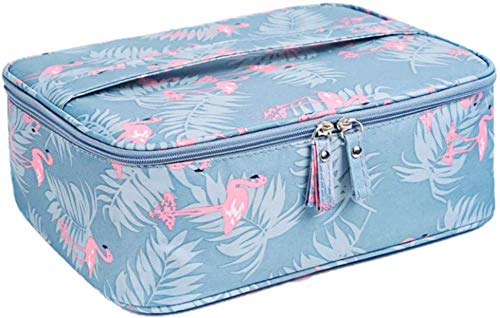 SKYFUN (LABEL) Nylon 17 Cms Travel Foldable Bathroom Makeup Cosmetic Bag Pouch Train Case Kit with Adjustable Dividers Handles-Color-Blue Flamingo-image-6