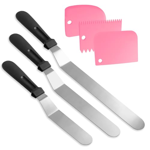Litoexpe 6 Pack Stainless Steel Icing Spatulas with 3 Pink Cake Smoother Scrapers, Angled Cake Spatulas Cake Smoother Scrapers, Frosting Offset Spatula Set for Cake Decorating Baking (6", 8", 10")