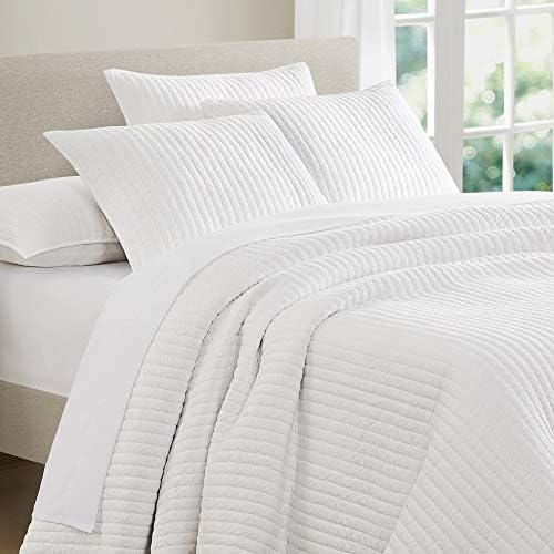 SHALALA Reversible Cotton Quilt Set Queen Size,Soft Cotton Jersey Coverlet -Lightweight and Breathable Queen Quilt Bedding Set,Striped Geometric Bedspread(Stripe White,Full/Queen)