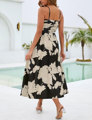 Image of Annebouti Women 2026 Summer Spring Ruched Maxi Dress Adjustable Spaghetti Strap Floral Beach Long Sundress with Pockets