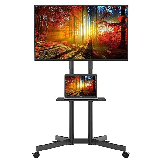 Mobile TV Stand, Rolling TV Stand with Wheels for 32-85Inch LED, LCD, OLED Flat&Curved TVs, Height Adjustable TV Cart with Laptop Shelf and Locking Wheels, Holds Up to 132lbs Max VESA 600x400mm, Black