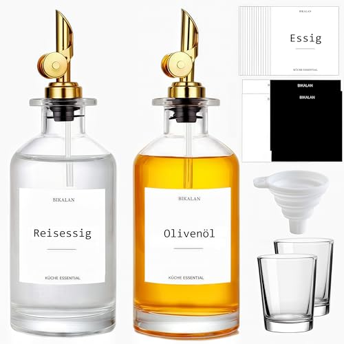 BIKALAN Essig und Ölflaschen Set, Kaffee Sirup Spender, Ölspender, Automatisches Öffnen und Schließen, Olivenöl Flasche, Kaffeesirupspender für die Küche Dekor Gold