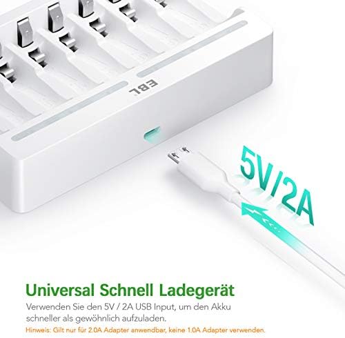 EBL Ładowarka do akumulatorów z 8 bateriami AA 2800 mAh, szybka ładowarka do akumulatorów 8 x NiMH AA/AAA, do wielokrotnego ładowania i urządzeń USB, do zastosowania na całym świecie, 8 przegródek do