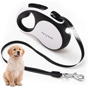 【LED Light Ver.】 PETTENA One-Touch Retractable Dog Leash for Small/Medium Dogs up to 66lbs, 16FT Puppy Leash, Reflective Dog Leash with Anti-Chew Cable 360° Tangle-Free