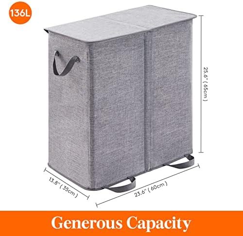 Lifewit Double Laundry Hamper with Lid and Removable Laundry Bags, Large Collapsible 2 Dividers Dirty Clothes Basket with Handles, Grey
