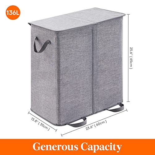 Lifewit Double Laundry Hamper With Lid And Removable Laundry Bags, Large Collapsible 2 Dividers Dirty Clothes Basket With Handles For Bedroom, Laundry Room, Closet, Bathroom, College, Grey #TOP4